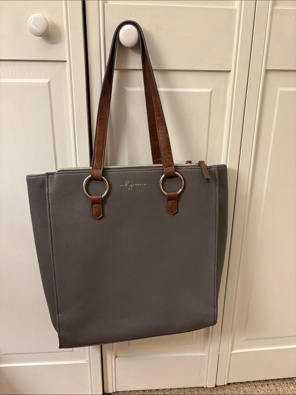 MB Greene Laptop Tote in Smoke Pebble Leather with Brown Leather Handles